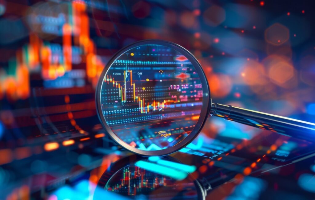 A magnifying glass over an abstract stock market graph The focus is on a digital screen showing real-time global financial symbols such as blue grid lines Generative AI