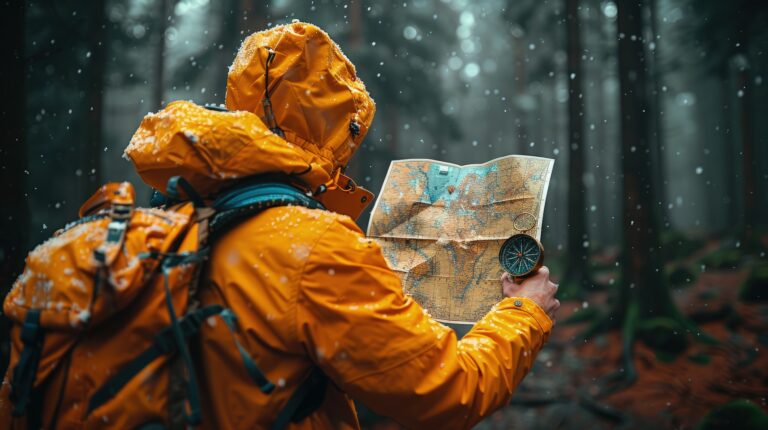 man reading map in forest