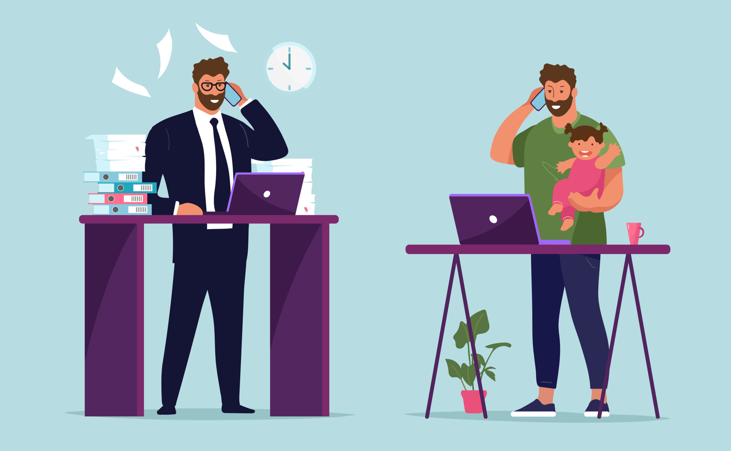 Workplace businessman in the office. A man with a phone and a child in his arms at a remote work from home. The concept of career growth, work and family, freelance and work in a company. Flat vector illustration