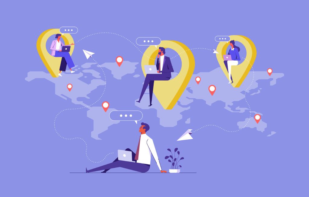 illo of People from all over the world, remote job or distance work concept, businessman working remotely with computer laptop on location map pin.