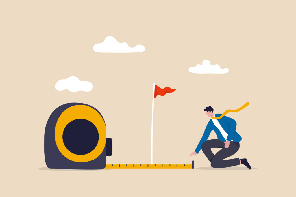 illo of business person with large measuring tape extending past a goal flag